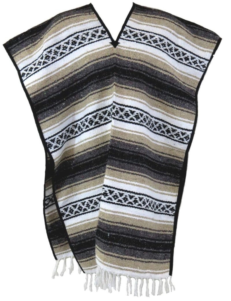 Del Mex Classic Mexican Blanket Poncho, Tan - Image 1